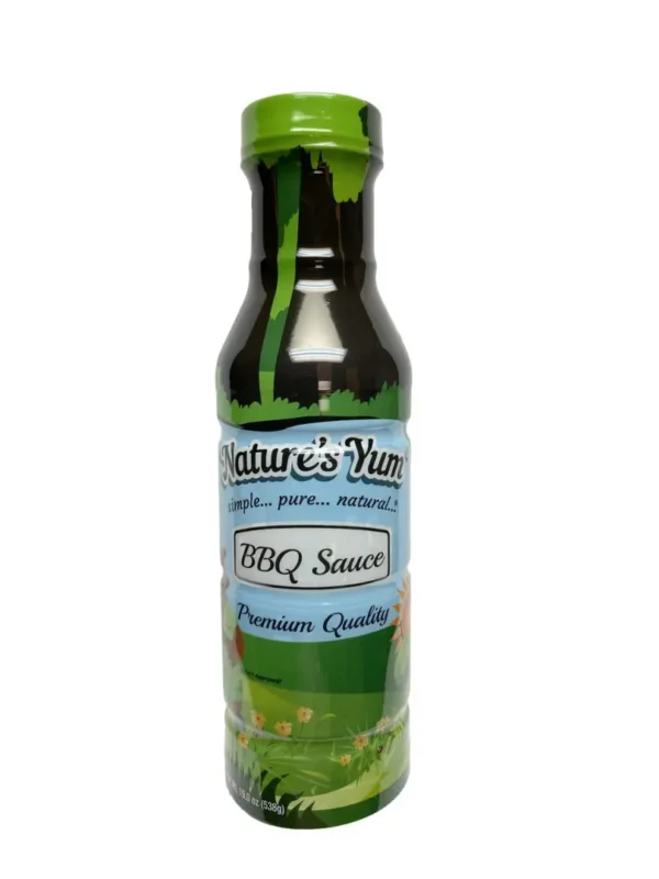 A bottle of bbq sauce with green label.
