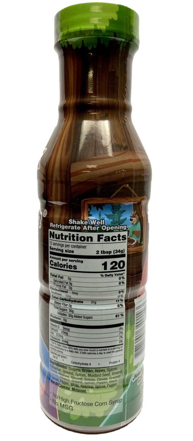 Brown sauce bottle with nutrition label.