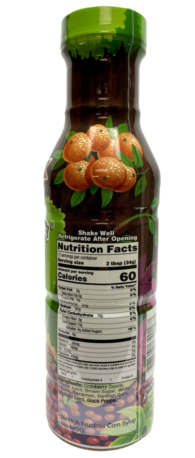 Cranberry sauce bottle with nutrition facts.