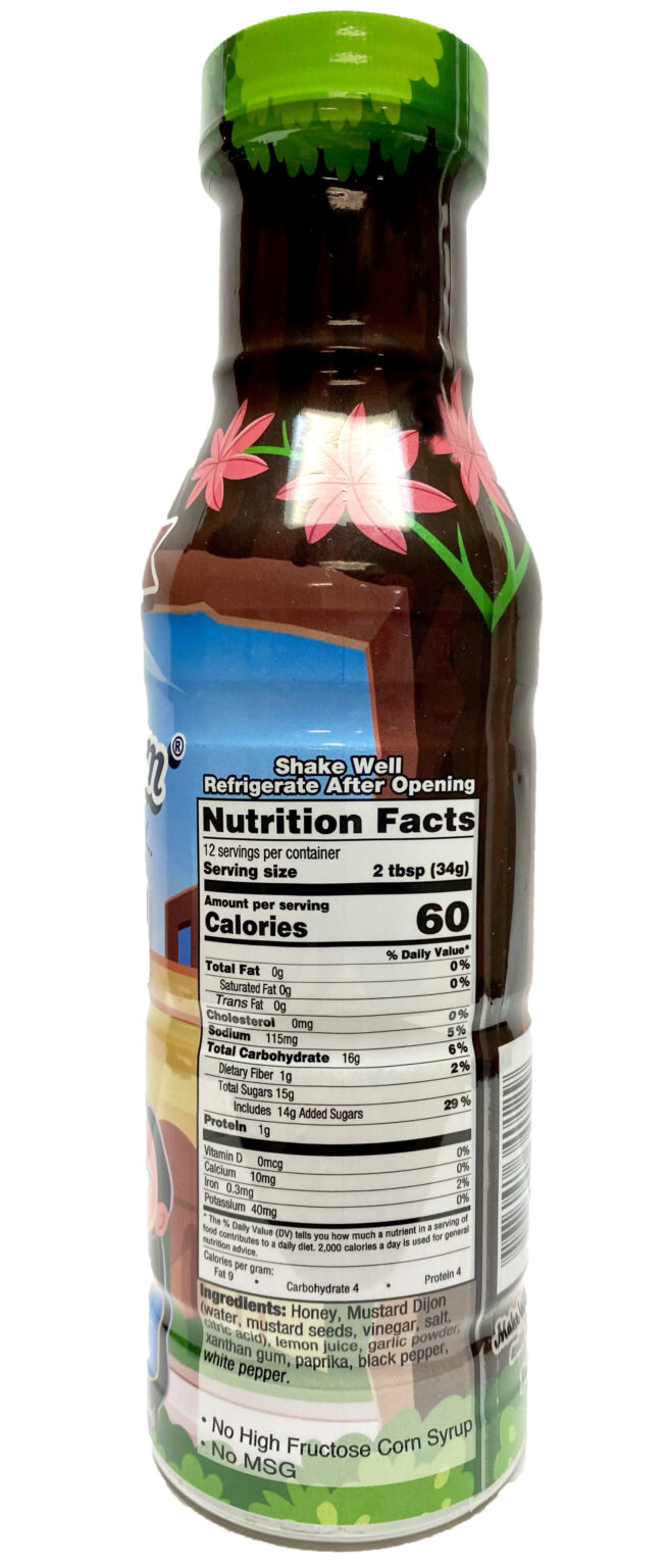 Honey mustard bottle with nutrition facts.